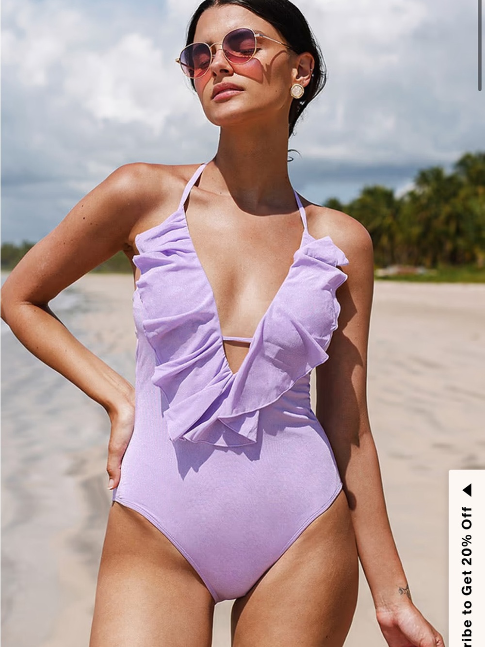 Medium One piece swimsuit Lilac Ruffle Plunge shimmer sparkle effect glam